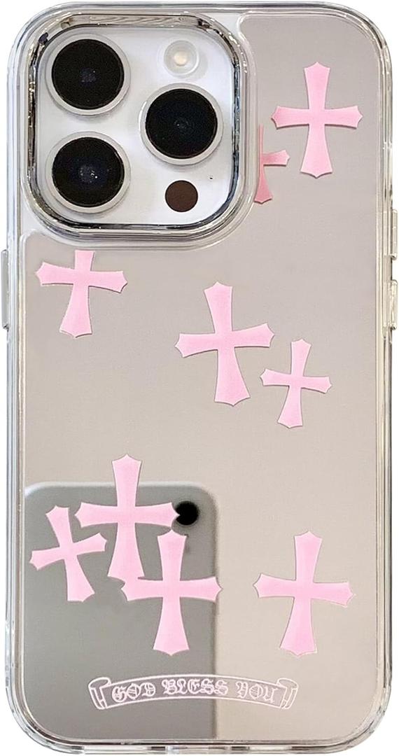 Fits iPhone 15 Pro Max Case Bless Cross Phone Case for iPhone 14 Shockproof Protective Cases Mirror Phone Case (Pink, 13ProMax)