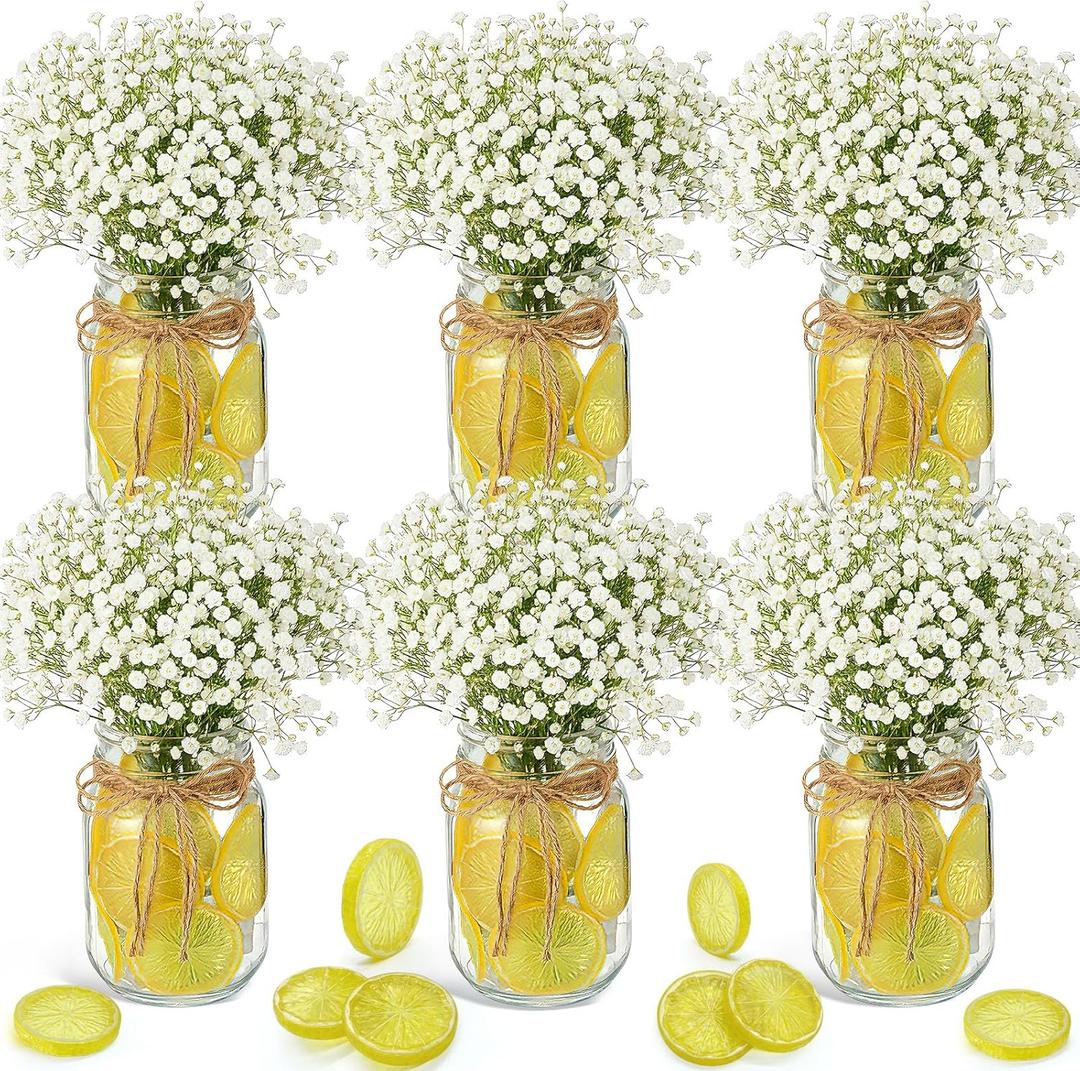Suncalla 49 Pcs/6 Set Lemon Table Centerpiece Baby Breath Mason Jar with Burlap Fake Lemon Slices Gypsophila Centerpiece Decor for Engagement Party Bridal Shower Wedding Reception Picnic Table Decor