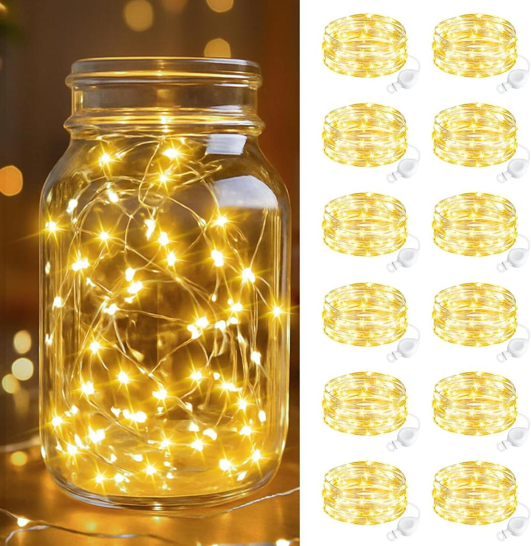 btfarm 12 Pack Fairy Lights Battery Operated, 7FT 20 LED Mini String Lights Waterproof Silver Wire for Mason Jars Centerpiece Table Crafts Bedroom Christmas Decoration, Warm White