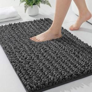 ILANGO Bathroom Rugs Dark Grey 24x17,Extra Soft Absorbent Chenille Bath Rugs,Thick Non-Slip Shaggy Bath Mat,Machine Washable Quick Dry Bath Mats for Bathroom Floor, Tub, Shower Accessories