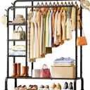 Sakugi Clothes Rack - Double-Rod Clothing Rack with Built-In Hooks & Shelves, Multi-Functional Wardrobe Closet for Bedroom, Living Room, Entryway, 41.3" x 15.3" x 59.8", Black