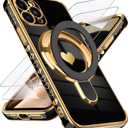 for iPhone 11 Pro Max Love Heart Kickstand Case with Screen Protector: Luxury Plated Gold Edge Slim Soft TPU Full Camera Shockproof Protection Case Cover for iPhone 11 Pro Max 6.5" (Black)