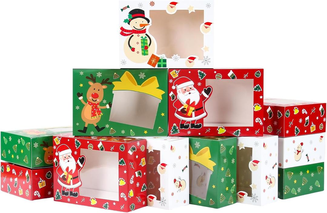 Patimate 24 Pcs Christmas Cookie Boxes for Gift Giving, 3 Style Red Green White Bakery Boxes with Window, Xmas Holiday Treat Containers With Lids For Cookie Cupcakes Donuts Candy