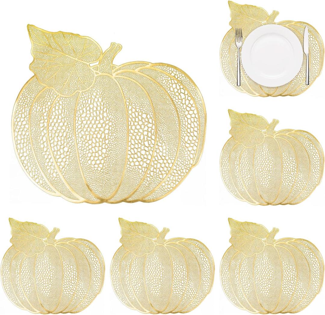 6 PCS Pumpkin Thanksgiving Placemats Harvest Fall Placemats Thanksgiving Halloween Party Table Decorations, Gold