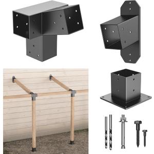 15 Wall Pergola Kits - Stainless Steel 15 Degrees Wall Mounts for 4x4 Posts(Actual 3.5" X 3.5"), Angled Pergola Construction Bracket Kit(4-Way), Black