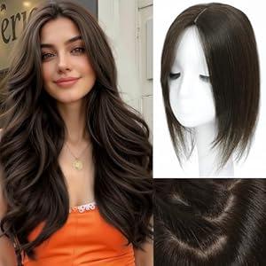 OOPPOO Hair Toppers for Women Real Human Hair, Realistic Biological Scalp Toppers HairPieces for Women with Thinning Hair Middle Part Clip in Bangs Big Base 360° 3D Cover (Dark Brown, 15 Inch)