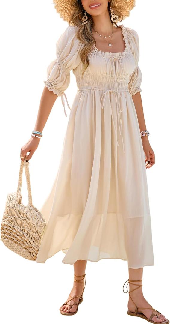 R.Vivimos Women's Summer Square Neck Midi Dress 2025 Casual Puff Half Sleeve Elastic Empire Waist Boho Flowy Long Dresses (Large, Beige)