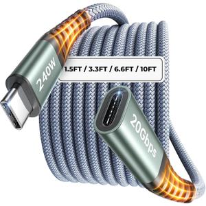 AINOPE USB C Extension Cable 6.6FT, 20Gbps/240W USB3.2 Type C Extender Cord for PSVR 2 Accessories, 4K@60Hz Video Output Braided USB C Female Extension Cable for Hub/PSVR2/Magsafe Charger/Phone,Grey
