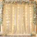 10x10ft Champagne Backdrop Curtain with Lights String for Wedding Sheer Tulle Chiffon Curtain Photo Backdrops Drapes for Baby Shower Birthday Party Home Ceremony Decorations