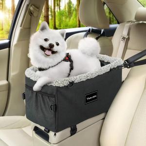 Center Console Dog Car Seat Pet Booster Car Seat Under 20lbs - Portable Pet Seat with Double Protection Seat Belts, Washable Fluffy Cushion Seat and Storage Pocket