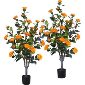 3.2FT Artificial Camellia Tree, Faux Camellia Plant Fake Potted Camellia Flower Tree, Orange Faux Potted Plant, Indoor Outdoor Decor for Home, Office, Porch, Patio, Pack of 2