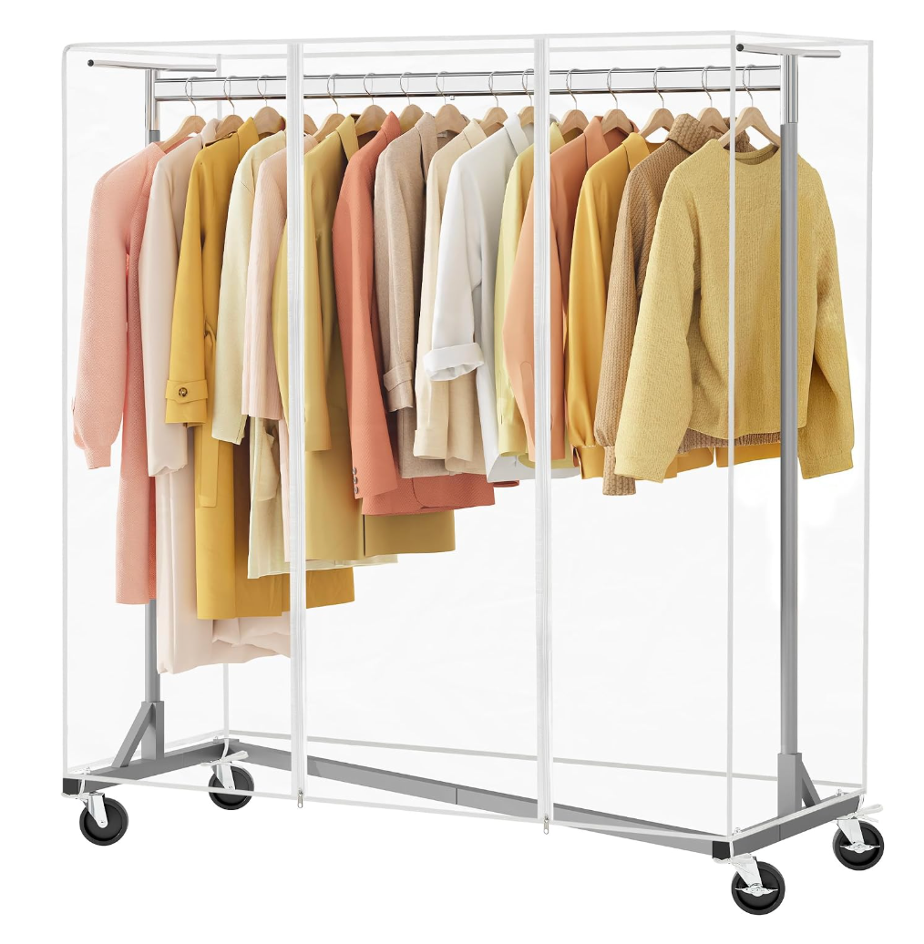 Hoctieon Z Clothes Rack with Cover, Metal Heavy Duty Clothing Rack, Rolling Garment Rack with Wheels, with Dustproof Cover Waterproof Protector, with 2 Durable Zippers, for Hanging Clothes, Grey