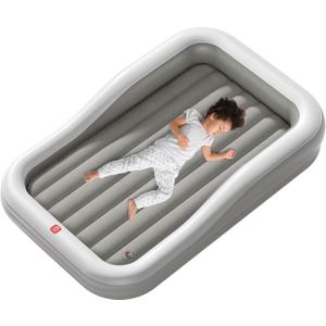 QPAU Inflatable Toddler Travel Bed with 3-Sided Safety Bumpers, Extra Large Kids Air Mattress, Includes Detachable Mattress, Portable for Camping, Travel, Home Use, Grey 