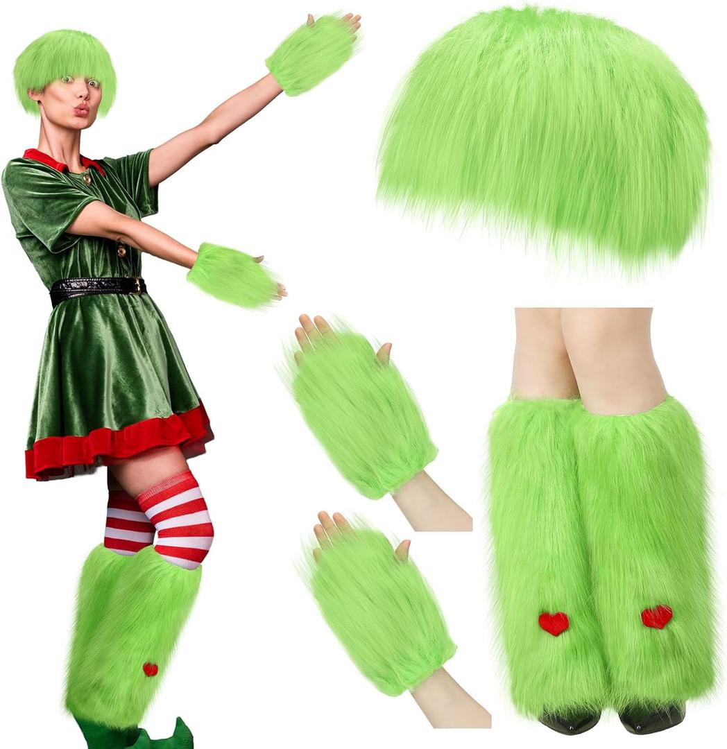 Geyoga 3 Pieces Furry Fuzzy Lime Green Set for Women 16" Long Leg Warmers Faux Fur Hats and Wrist Cuffs Covers Kits Fluffy Winter Gift Outfit for Halloween Costume Christmas Party Accessory