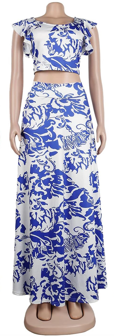 Womens Summer Sexy 2 Pieces Outfits Ruffle Floral Tank Top Wrap Boho Tropical Long Skirt Set Clubwear Dresses, Size S 