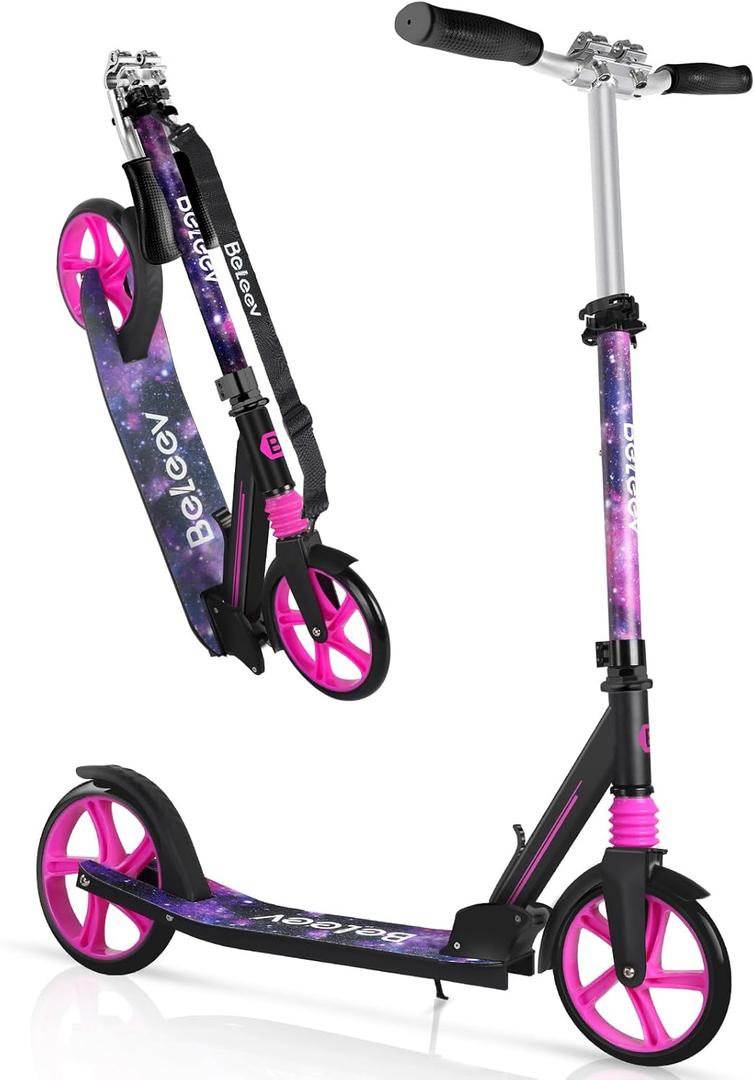 BELEEV V5 Scooters for Kids 6 Years and up, Folding Kick Scooter 2 Wheel for Adults Teens, 4 Adjustable Handlebar, 200mm Big Wheels, Lightweight Sports Commuter Scooter, Sturdy Frame, up to 220lbs (Purple)