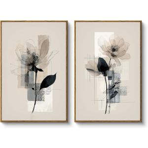 HUARCEY Large Modern Abstract Flower Wall Art Framed Canvas Set of 2, 16"x24" Minimalist Floral Paintings Artwork 2 Piece, Contemporary Neutral Tones Bedroom Living Room Kitchen Home Decor