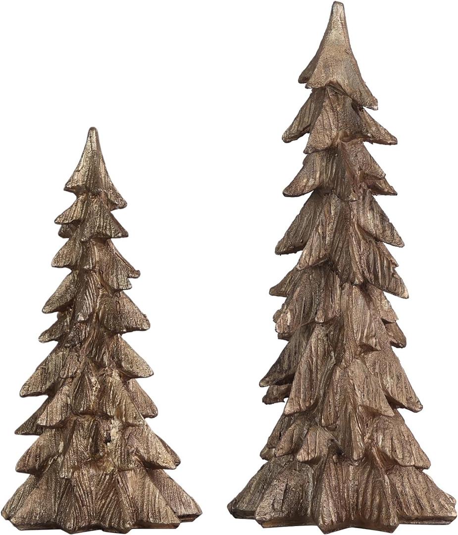 MEETYAMOR Christmas Decorations Indoor, Set of 2 Golden Resin Christmas Trees for Table Decor, Farmhouse Rustic Xmas Decorations Figurines for Home, Kitchen, Mantle, Shelf