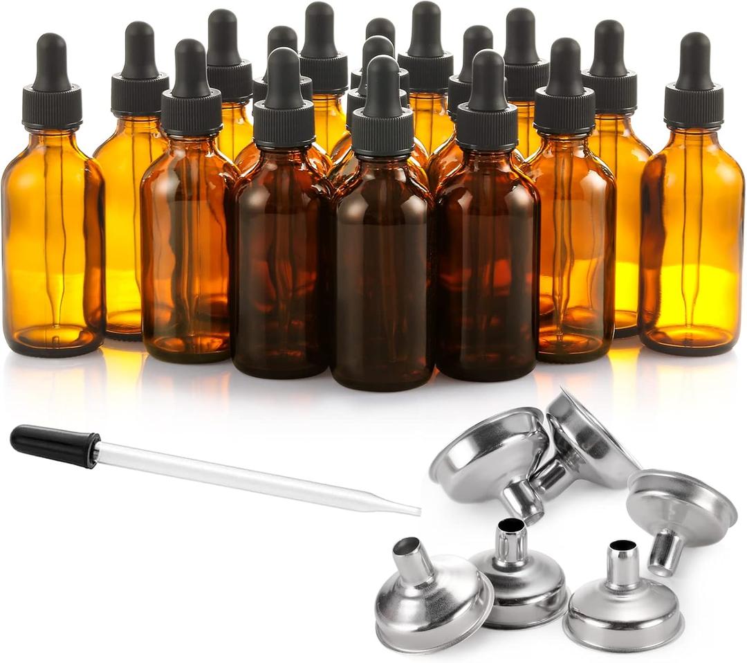 24 Pcs, 2 oz Dark Amber Dropper Bottles with 6 Small Funnels & 1 Long Glass Labels - 60ml Tincture Bottles w/ Eye Dropper for Essential Oils, Perfume, Hair Oil, Liquids - Leak Proof Travel Bottles