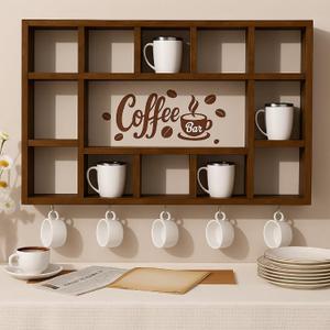 Cinnvoice Oversize Coffee Mug Display Shelf for Wall Wood Coffee Mug Rack Wall Mounted Shelf Cubes Cup Hooks Hanger with Bar Sign Decor for Kitchen Station Bar Accessories(Rustic Brown)