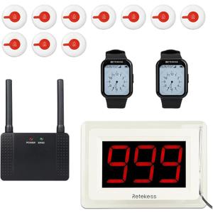 Retekess T114 Nurse Call System, Medical Alert Systems for Seniors, Multiple Reminder Methods, Max 999, 2 TD113 Watch Receivers, 10 Alert Call Buttons for Clinic, Hospital, Nurses Station