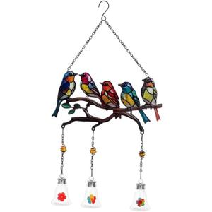 Napco Imports Decorative Patio Garden Hanging Hummingbird Feeder 21 Inch Metal Stained Glass Birds on Branch