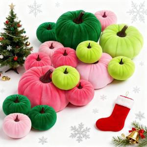 2 x 16 Pcs Christmas Velvet Pumpkins Decor Pink and Green Harvest Christmas Artificial Rustic Pumpkins Decoration Fabric Foam Fake for Holiday Gifts Farmhouse Xams Table Centerpiece