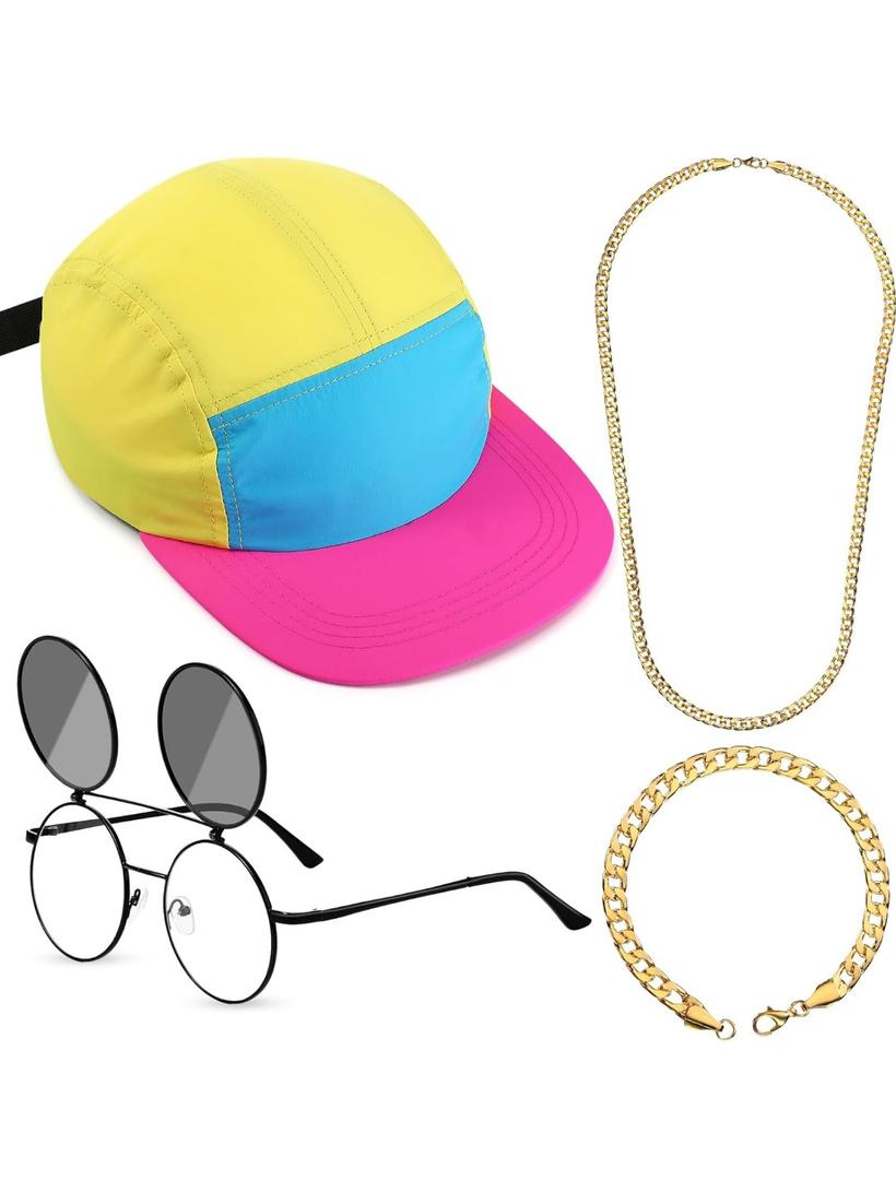 Cindeer 4 Pcs 80 90s Hip Hop Accessories for Women Men Neon Hat Outfit Sunglasses Gold Chain Bracelet for Party