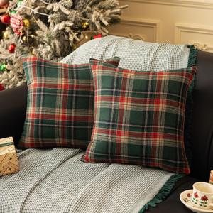 Christmas Pillow Covers 18x18 Inch - 2PCs Plaid Pillow Covers Throw Pillow Covers Christmas Decorations for Sofa, Bed Vintage Decor