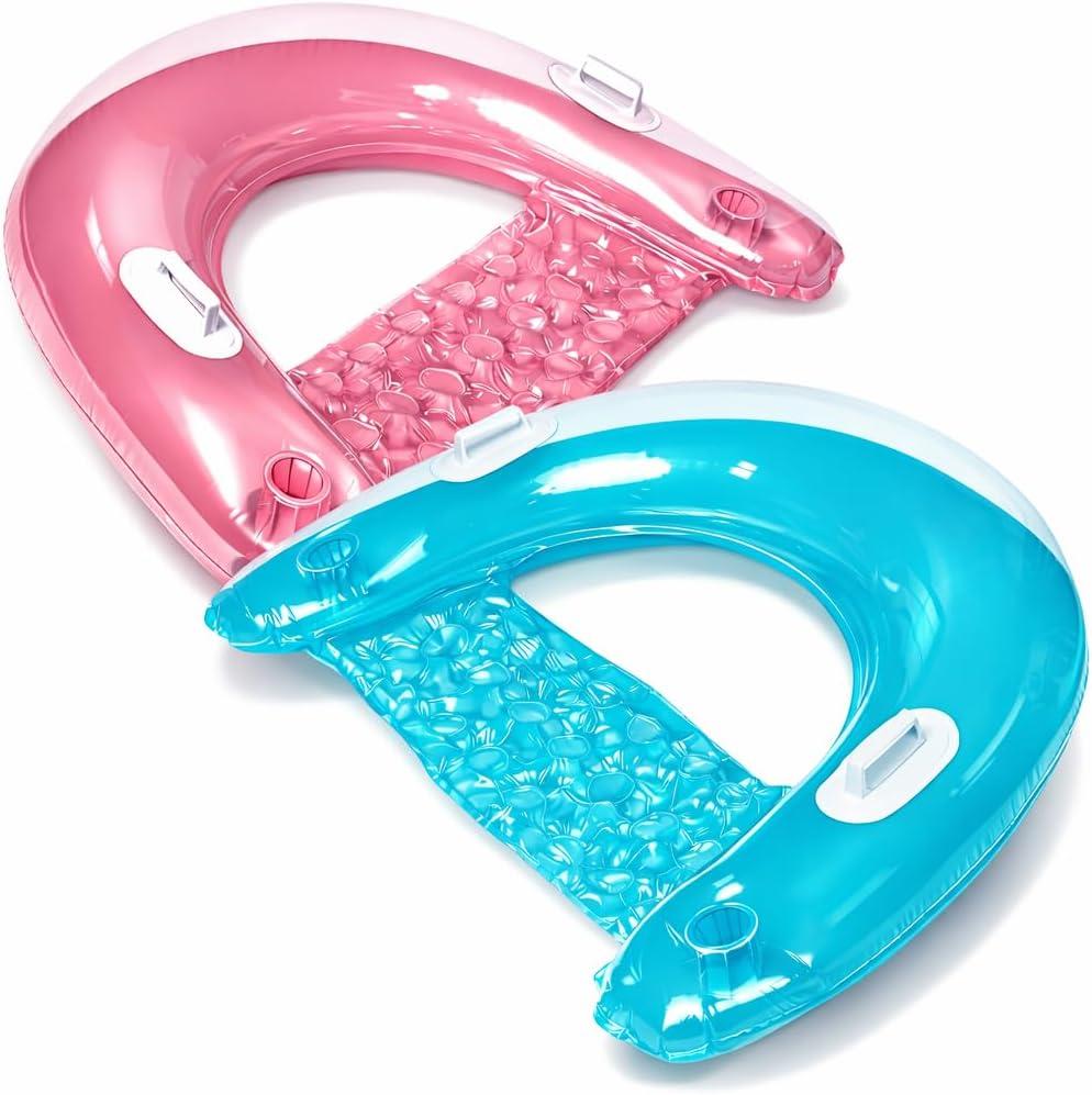 Inflatable Pool Chair Float (2 Pack) Pool Floats Adult Size with Drink & Phone Holder - Heavy Duty Lounger Floating Recliner Blow Up Floaties Hammock Noodle Water Floaty Lake Beach Tanning Float