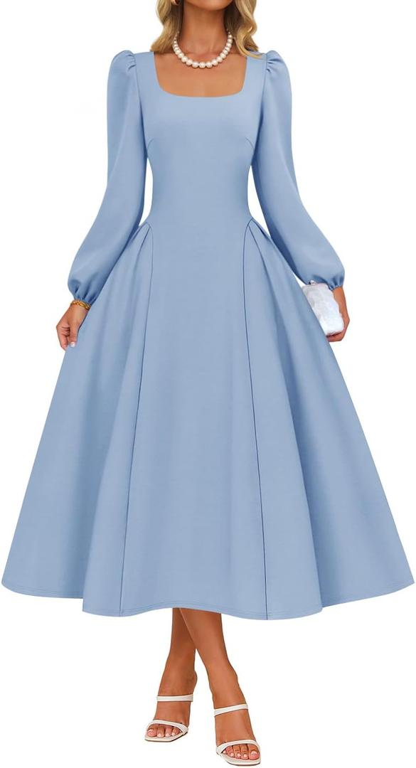 ZESICA Women's Long Sleeve Midi Dresses 2026 Fall Square Neck Swing A Line Wedding Guest Evening Prom Dress (Blue, L)