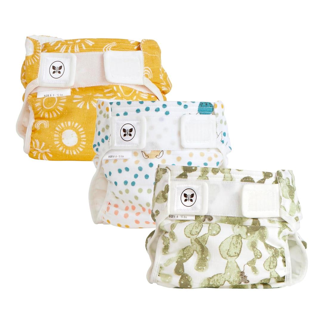 Honest Hybrid Cloth Diaper Covers with Pocket-Sling, Small (8-15 lbs), Stops Nighttime Leaks, Use with Boosties Disposable Diaper Pad or Reusable Insert, 3 Pack of Cotton Muslin Covers
