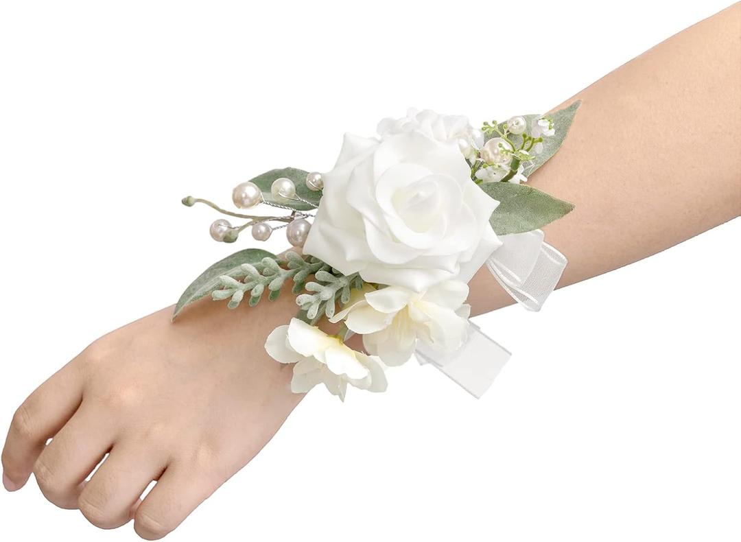 Wedding Wrist Corsage Artificial Flowers, Girl/Mother Homecoming Prom Corsages Wristlet Décor, etc. Snow White