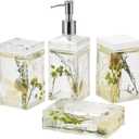 Locco Decor 4 Piece Acrylic Liquid 4D Floating Motion Bathroom Vanity Accessory Set Garden Botanic Green Plants Toothbrush Holder, Tumbler, Soap Dispenser, Soap Dish