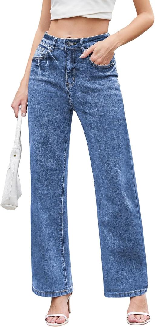 Dimur Jeans for Women Trendy High Waisted Straight Jeans Loose Wide Leg Stretchy Denim Pants with Pockets 2025 Fashion (X-Large, Sky Blue)