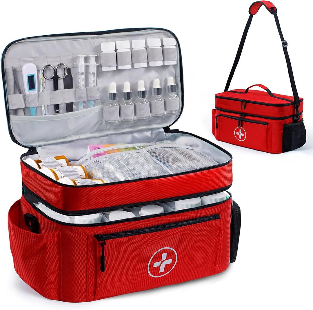 BAGSFY Travel Medicine Bag Organizer, Medical Bag Empty, Pill Bottle Organizer for Home, Large Medication Storage, Travel Carrying Case First Aid Kit Bags Empty, Emergency Kit. (Double-Layer(Style A), Red)