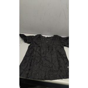 Women's Floral Embroidered Lace Top, Crochet Eyelet Dressy Feminine Summer Tee, Hollow Out, V-Neck, Belly Sleeves, Loose Fit (X-Large, 01 Black)