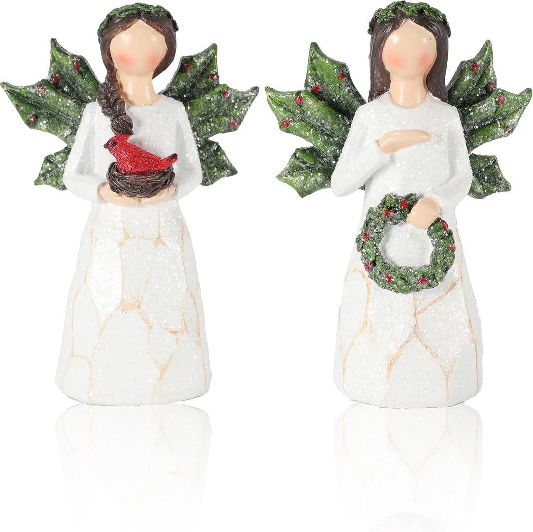 Set of 2 Sparkling Christmas Angel Figurines with Glitter Wings and Festive Accents - 5.1'' Ornaments Perfect for Holiday Decor Christmas Decorations (Xmas Angels)