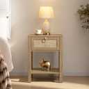 SICOTAS Rattan Nightstand,Rattan Decor Drawer with Brass Knobs Night Stand Bedside Table Boho End Tables Side Tables with Storage Shelf for Bedroom,Small Space