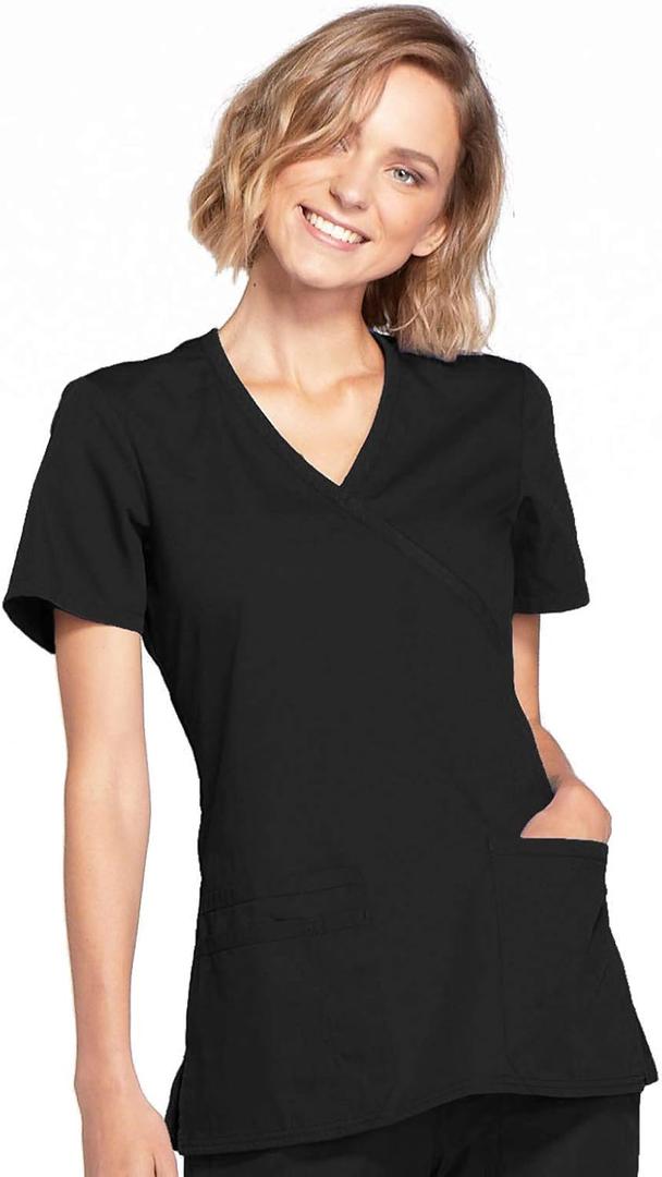 Women's Mock Wrap Top Workwear Originals with Rib-Knit Back Panels WW650 (X-Large, Black)