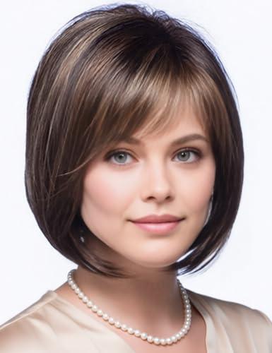 TISHINING Brown Highlight Short Bob Wig with Bangs for White Women Chin Length Layered Brown Mix Blonde Pixie Bob Wig Synthetic Natural Straight Hair Wigs for Daily Party Use
