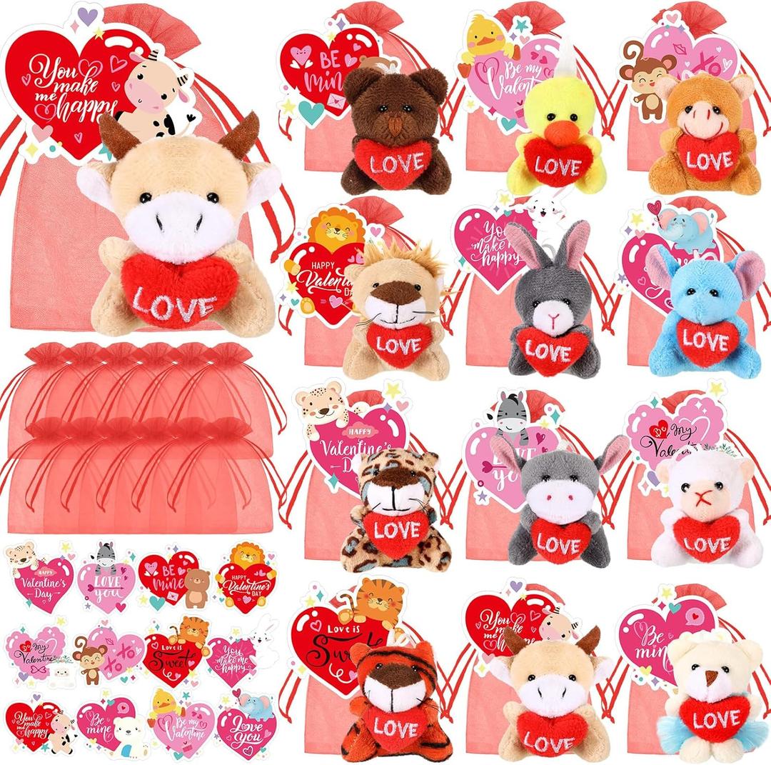Blueweenly 12 Set Valentine's Day Classroom Gifts for Kids, Valentine Mini Stuffed Animals Plush Toy with Heart Cards and Bags for Students Exchange Gift Valentine Party Favors Goodie Bag Stuffers