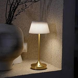 Cordless Table Lamp Rechargeable Small, 4000mAh LED Desk Lamps Gold Fabric Pleated Shade Battery Operated Lamps for /Bedroom/Bars/Outdoor Party/Camping,1 Pack/ 12.6Inch