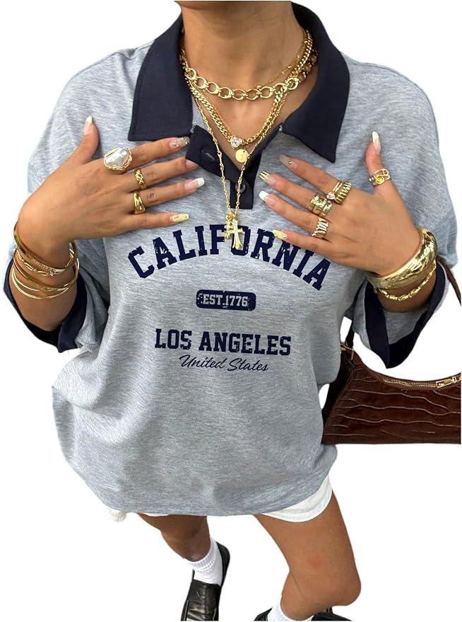 WDIRARA Women's Letter Graphic T Shirts Collar V Neck 3/4 Sleeve Oversized Tops Streetwear Medium