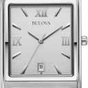 Bulova Men's Stainless Steel 3-Hand Calendar Date Quartz Watch with Black Leather Strap, Rectangle Dial Style: 96B107