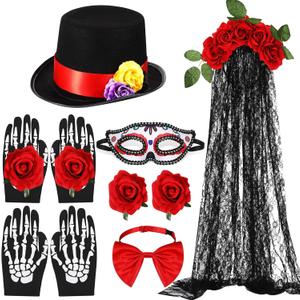 Tigeen 7 Pieces Halloween Day of the Dead Costume Accessories Set for Men and Women Skeleton Rose Couple Costume Skeleton Gloves Men's Hat Bow Tie Rose Floral Crown Veil Hair Clip