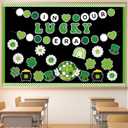 141Pcs St. Patricks Day Bulletin Board Classroom Decoration Retro Hippie Rainbow Flower Cutouts Shamrock Clover Name Tags Green Border Trim School Chalkboard Supplies Wall Door Decor