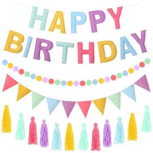 Mindsoft 4 Pcs Felt Happy Birthday Banner Pre-Strung Happy Birthday Banner Felt Ball Garland Tassel and Triangle Flags Garland Pastel Backdrop Decorations for Kids Adults Party Supplies