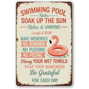 RMMNHLNC Funny Flamingo Metal Pool Sign, Swimming Pool Rules Aluminum Outdoor Pool Decor, Vintage Pool Decorations Outdoor for Swimming Pool Beach Water Park Yard Patio 8x12 Inch