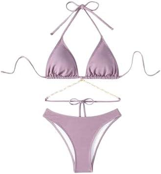 COZYEASE Women's 2 Piece Bikini Set Triangle Halter Tie Back Bathing Suit Set Shell Backless High Cut Swimsuit, Mauve Purple, L